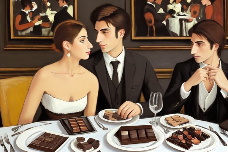  Attractive Beautiful young modern Italian couple dressed in modern designer attire looking. Foreground is plates of fine dark chocolates. Background expensive Italian restaurant . Painting style of Edgar Degas