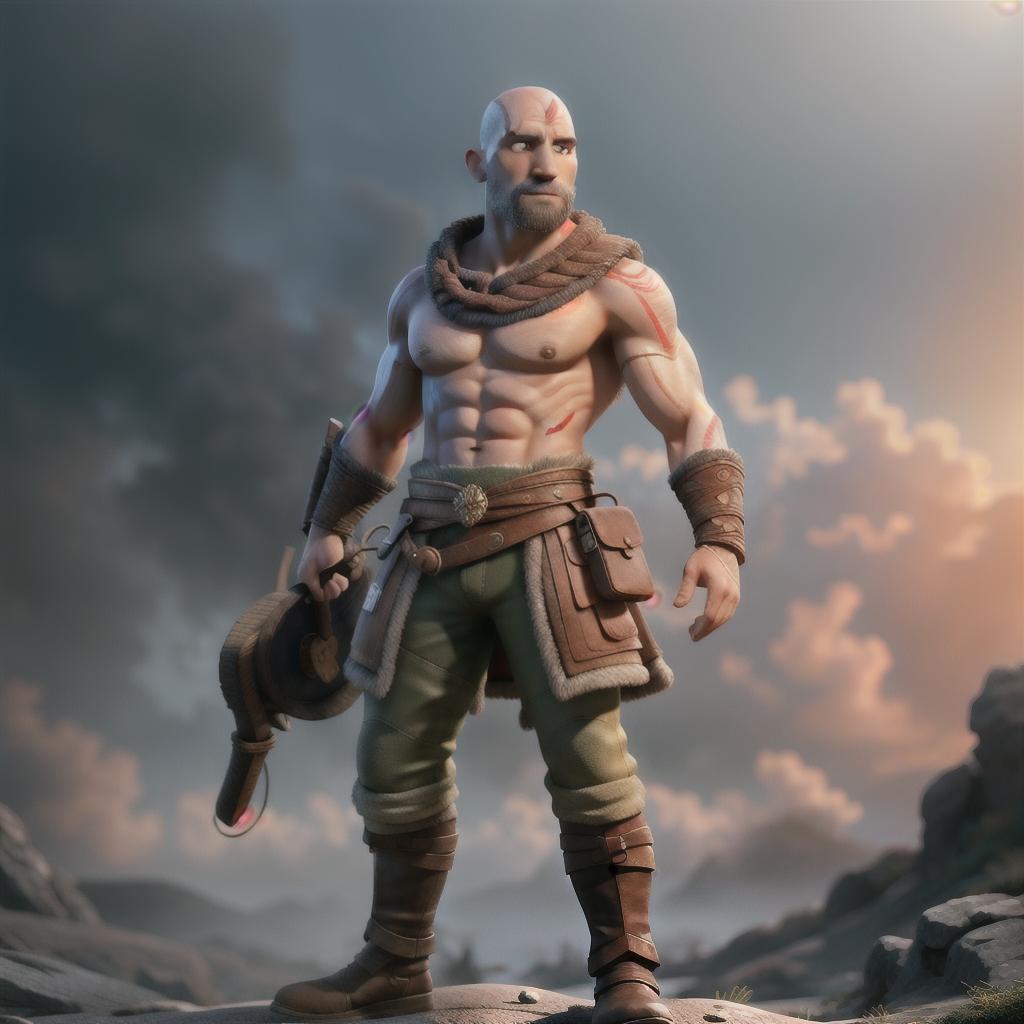  God of war hyperrealistic, full body, detailed clothing, highly detailed, cinematic lighting, stunningly beautiful, intricate, sharp focus, f/1. 8, 85mm, (centered image composition), (professionally color graded), ((bright soft diffused light)), volumetric fog, trending on instagram, trending on tumblr, HDR 4K, 8K