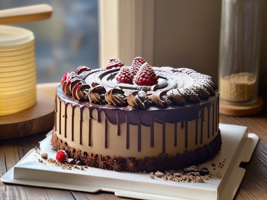  An ultradetailed image of a decadent quinoa chocolate cake with layers of rich ganache, topped with fresh raspberries and a dusting of powdered sugar. The cake is displayed on a rustic wooden table, with a vintage cake server beside it and a backdrop of soft, natural lighting filtering through a window, creating a warm and inviting atmosphere. The intricate texture of the quinoa grains is visible in the moist cake layers, highlighting the fusion of nutrition and indulgence in this innovative dessert. hyperrealistic, full body, detailed clothing, highly detailed, cinematic lighting, stunningly beautiful, intricate, sharp focus, f/1. 8, 85mm, (centered image composition), (professionally color graded), ((bright soft diffused light)), volumetric fog, trending on instagram, trending on tumblr, HDR 4K, 8K