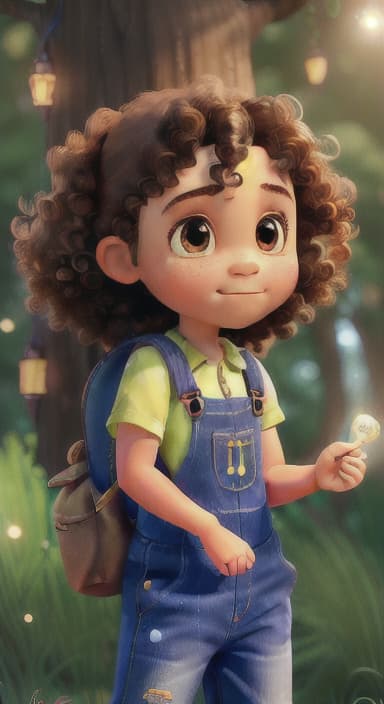  {The tree shining brightly and releasing a gentle, magical light., Riley, a curious with big brown eyes and curly hair, wearing overalls and carrying a small backpack. Their friend, Skye, a bluebird with shiny feathers.