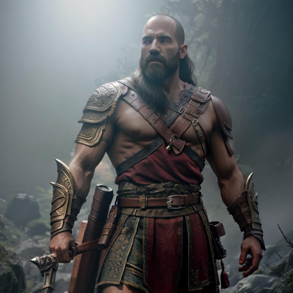  God of war hyperrealistic, full body, detailed clothing, highly detailed, cinematic lighting, stunningly beautiful, intricate, sharp focus, f/1. 8, 85mm, (centered image composition), (professionally color graded), ((bright soft diffused light)), volumetric fog, trending on instagram, trending on tumblr, HDR 4K, 8K