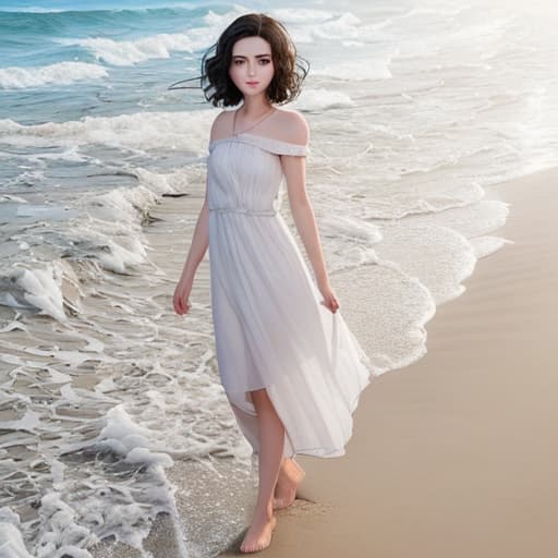   beautiful on the beach full-length, micro , dark hair, short haircut, round face, sea, waves