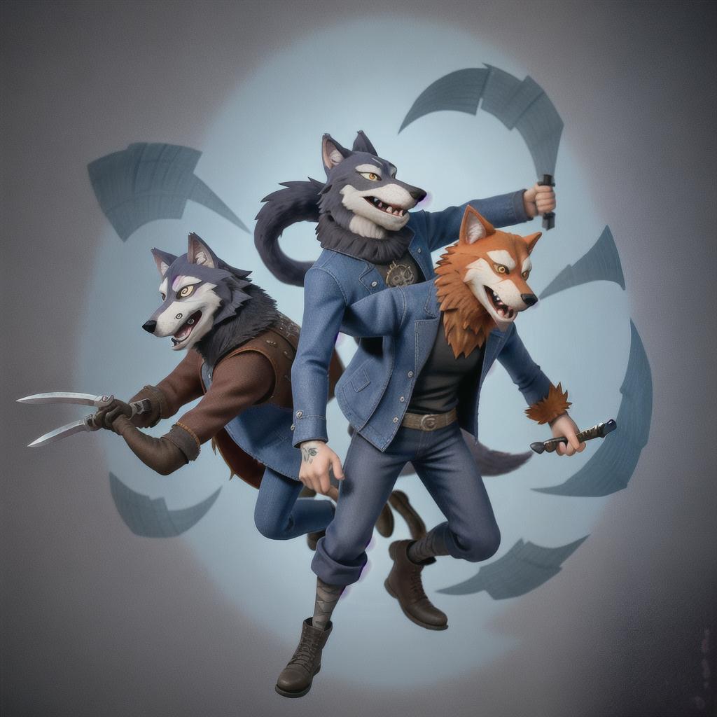  Animal image anthropomorphic, bad guy, knife-wielding, scar on face, single person, wolf head human body, three-angle view, scared expression, Q-print wind