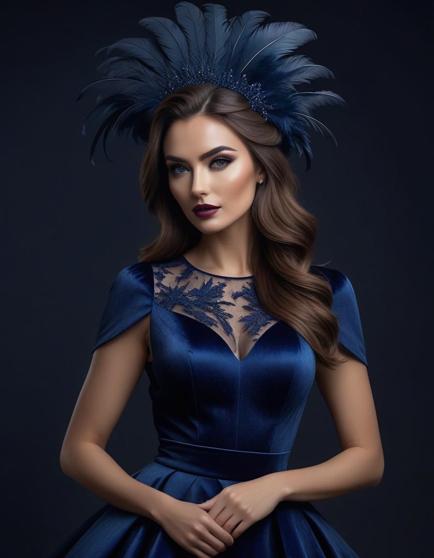  Portrait of a beautiful girl in a dark blue velvet Lorrain dress, on beautiful hair adorned with soft feathers of dark blue colour hyperrealistic, full body, detailed clothing, highly detailed, cinematic lighting, stunningly beautiful, intricate, sharp focus, f/1. 8, 85mm, (centered image composition), (professionally color graded), ((bright soft diffused light)), volumetric fog, trending on instagram, trending on tumblr, HDR 4K, 8K