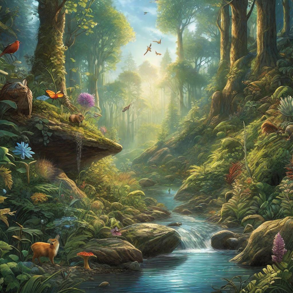  Prompt: Scene Description: Visualize an enchanting yet lively scene in a forest, teeming with magical lifeforms. Some creatures are thriving in glistening water bodies, while others are bustling on rich, fertile lands. Among the diverse spectrum of lifeforms, focus on a little pebble, which is the hero of our story, standing notably amidst the magic and chaos. The pebble should be situated near a small waterbody, reflecting its unique character and audacious spirit. Make sure the surroundings show the interplay of various animals co-existing harmoniously, each weaving a different story. There should be water animals like turtles, fish, crabs in the water, and land animals like rabbits, squirrels, birds, and insects, all in mid-action, depi hyperrealistic, full body, detailed clothing, highly detailed, cinematic lighting, stunningly beautiful, intricate, sharp focus, f/1. 8, 85mm, (centered image composition), (professionally color graded), ((bright soft diffused light)), volumetric fog, trending on instagram, trending on tumblr, HDR 4K, 8K