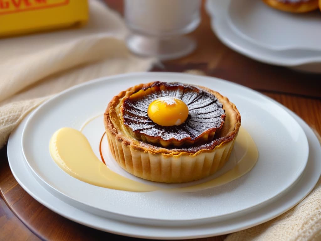  An ultradetailed image of a traditional Canadian butter tart, showcasing the flaky pastry crust filled with a rich, gooey mixture of butter, sugar, and eggs, topped with a golden caramelized finish. The tart is placed on a sleek, modern white plate, with a minimalist background to highlight the intricate details of the dessert. hyperrealistic, full body, detailed clothing, highly detailed, cinematic lighting, stunningly beautiful, intricate, sharp focus, f/1. 8, 85mm, (centered image composition), (professionally color graded), ((bright soft diffused light)), volumetric fog, trending on instagram, trending on tumblr, HDR 4K, 8K