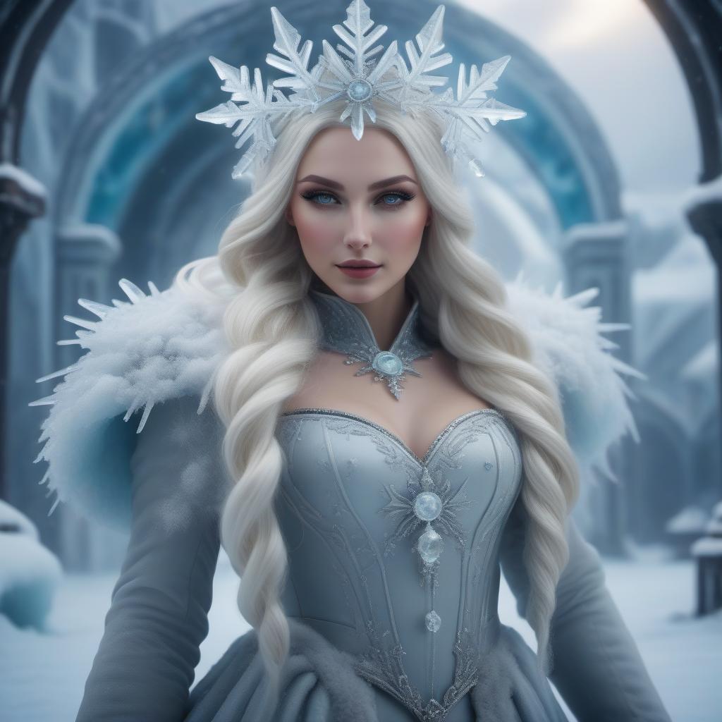  Портрет Ледяной Королевы в зимней атмосфере Запрос: A full length portraiture of an (((Ice Queen))), captured in a (((frosted dreamlike atmosphere))), colors of light amber and gray, emulating a (((snowcore vintage style))) using (((smilecore))) techniques, advanced macro photography techniques, incorporating (((ZBrush effects))), capturing an (((outdoor art inspired aesthetic))) with a (((#frostpunk theme))) Модель: Leonardo AI Input Resolution: 768 x 1024px Pipeline: Alchemy V2 Finetuned Model: AlbedoBase XL Preset: Photography hyperrealistic, full body, detailed clothing, highly detailed, cinematic lighting, stunningly beautiful, intricate, sharp focus, f/1. 8, 85mm, (centered image composition), (professionally color graded), ((bright soft diffused light)), volumetric fog, trending on instagram, trending on tumblr, HDR 4K, 8K