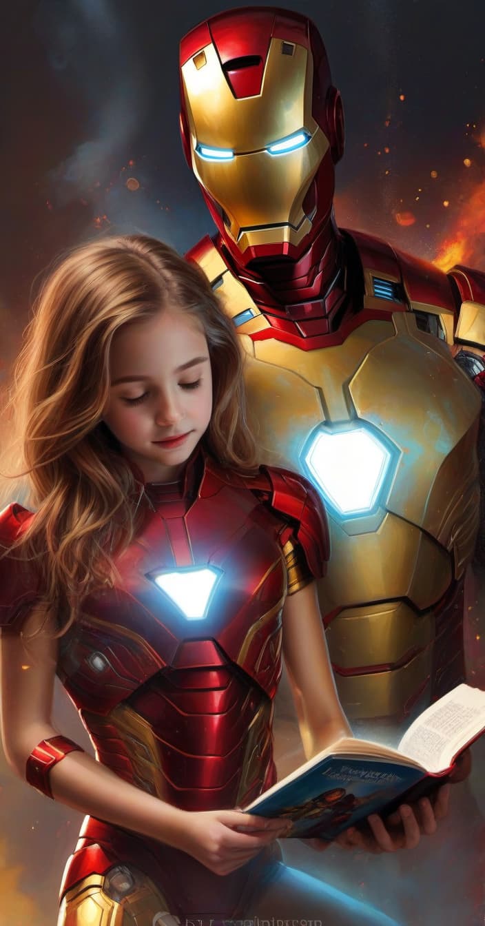  superhero "Iron man" reads a book to his daughter, in a cozy atmosphere, dynamic scene, emotions on faces, correct anatomy, detailed hands, detailed face, high detail, high detail of fingers, studio lighting, random angle, juicy colors, style digital graphics, marvel universe, correct fingers, good hands, detailed hands, no artifacts hyperrealistic, full body, detailed clothing, highly detailed, cinematic lighting, stunningly beautiful, intricate, sharp focus, f/1. 8, 85mm, (centered image composition), (professionally color graded), ((bright soft diffused light)), volumetric fog, trending on instagram, trending on tumblr, HDR 4K, 8K