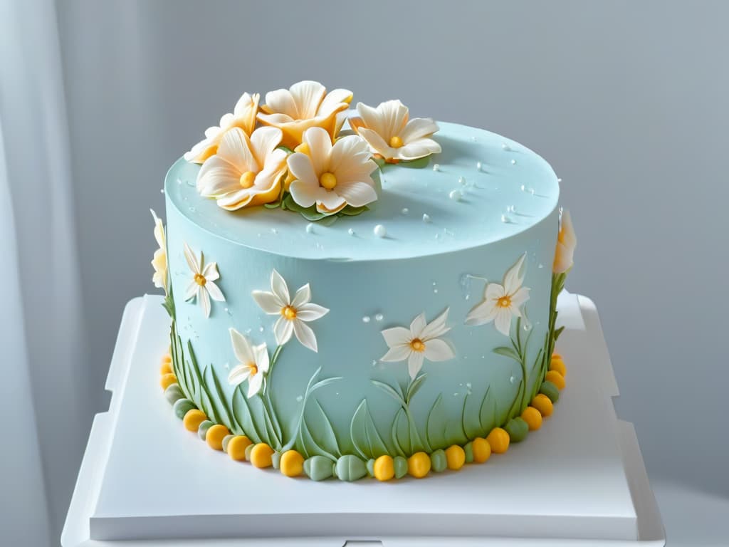  A sleek, minimalistic image showcasing a 3D rendering of a beautifully intricate and detailed cake design. The cake features elaborate geometric patterns and delicate floral elements, all highlighted by soft, ambient lighting to enhance the depth and texture of the design. The color palette is a harmonious blend of pastel hues, adding a touch of elegance to the overall composition. hyperrealistic, full body, detailed clothing, highly detailed, cinematic lighting, stunningly beautiful, intricate, sharp focus, f/1. 8, 85mm, (centered image composition), (professionally color graded), ((bright soft diffused light)), volumetric fog, trending on instagram, trending on tumblr, HDR 4K, 8K