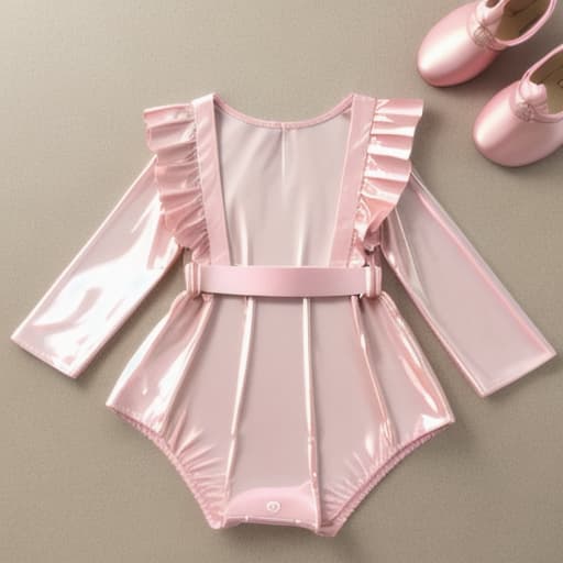  very beautiful angel,oiled shiny, light pink vinyl romper, long socs with ruffles and socs belts,bathroom area