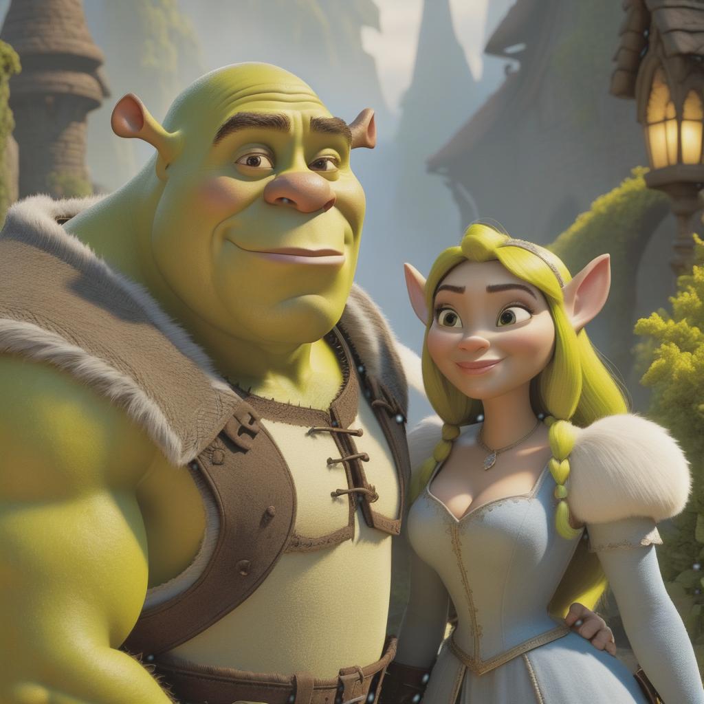  Shrek from "Shrek" and Sulphur from "Angel's Friends" animated productions hyperrealistic, full body, detailed clothing, highly detailed, cinematic lighting, stunningly beautiful, intricate, sharp focus, f/1. 8, 85mm, (centered image composition), (professionally color graded), ((bright soft diffused light)), volumetric fog, trending on instagram, trending on tumblr, HDR 4K, 8K