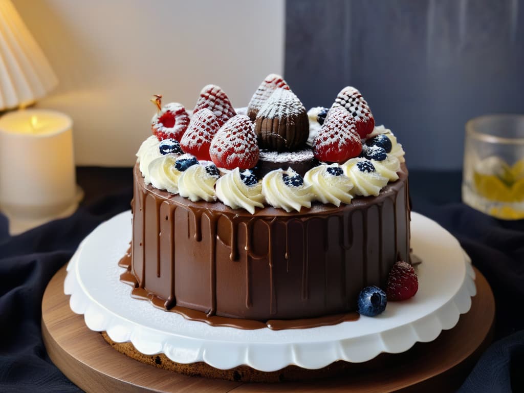  An ultradetailed photorealistic image of a luxurious chocolate cake topped with a drizzle of golden Aceite de sacha inchi, surrounded by a variety of fresh berries like raspberries, blueberries, and strawberries. The cake is placed on a elegant white porcelain plate, set against a dark backdrop that enhances the richness of the cake and the vibrant colors of the berries. The Aceite de sacha inchi glistens under a soft, warm light, highlighting its premium quality and adding a touch of sophistication to the dessert presentation. hyperrealistic, full body, detailed clothing, highly detailed, cinematic lighting, stunningly beautiful, intricate, sharp focus, f/1. 8, 85mm, (centered image composition), (professionally color graded), ((bright soft diffused light)), volumetric fog, trending on instagram, trending on tumblr, HDR 4K, 8K