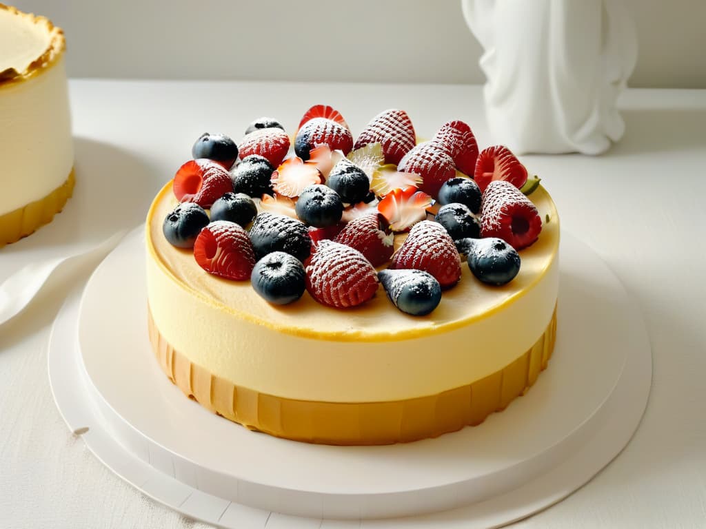  A closeup, ultrahigh resolution image of a perfectly sliced glutenfree cheesecake, showcasing the rich creamy texture of the filling with a golden, crumbly glutenfree crust. The cheesecake is elegantly garnished with a vibrant arrangement of fresh berries on top, adding a pop of color against the neutral background. The lighting is soft, emphasizing the glossy surface of the cheesecake and creating a visually appealing, mouthwatering image that perfectly complements the professional and inspiring tone of the article. hyperrealistic, full body, detailed clothing, highly detailed, cinematic lighting, stunningly beautiful, intricate, sharp focus, f/1. 8, 85mm, (centered image composition), (professionally color graded), ((bright soft diffused light)), volumetric fog, trending on instagram, trending on tumblr, HDR 4K, 8K