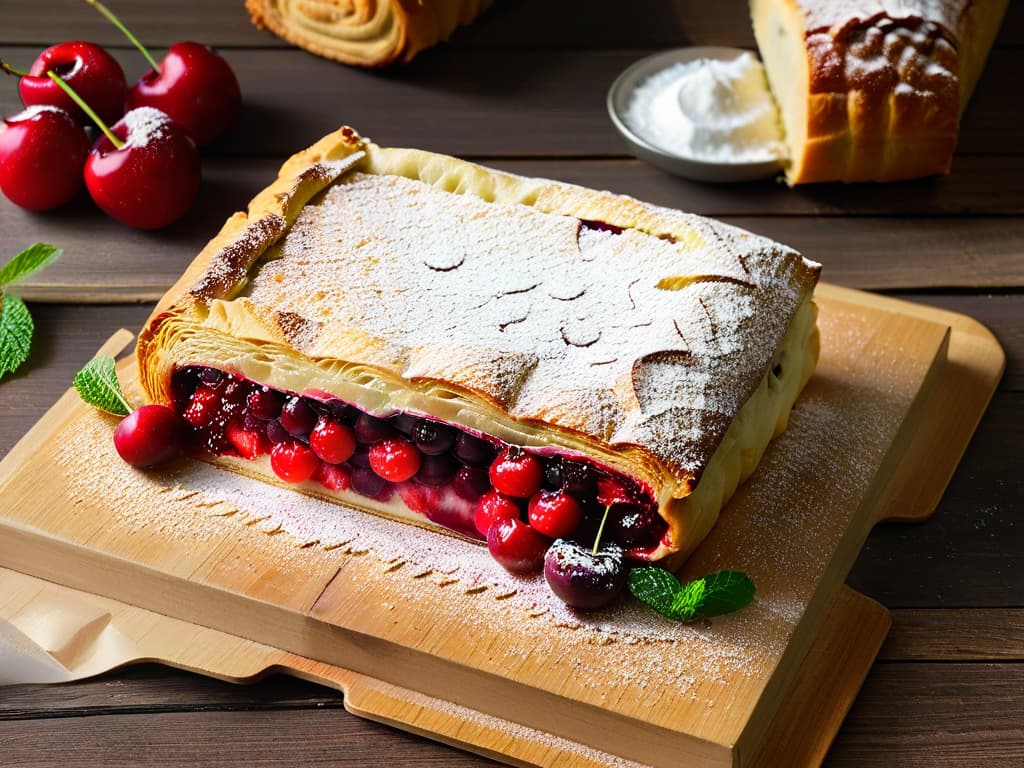  A closeup, minimalist shot of a freshly baked cherry strudel on a rustic wooden table, dusted with powdered sugar and surrounded by vibrant red cherries and green mint leaves. The goldenbrown, flaky layers of the strudel glisten slightly, showcasing a perfect balance of textures and colors in a mouthwatering display of culinary artistry. hyperrealistic, full body, detailed clothing, highly detailed, cinematic lighting, stunningly beautiful, intricate, sharp focus, f/1. 8, 85mm, (centered image composition), (professionally color graded), ((bright soft diffused light)), volumetric fog, trending on instagram, trending on tumblr, HDR 4K, 8K