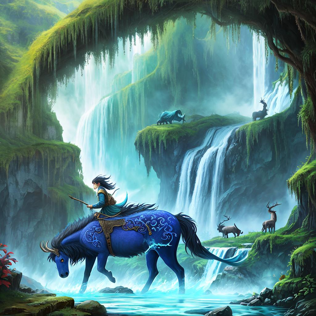  in a fantasy setting, Paint a surreal landscape where mythical beasts roam amidst cascading waterfalls.