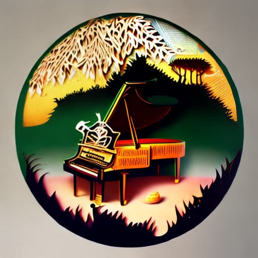 mdjrny-pprct a brown man playing a piano in the middle of the rainforest, wearing emerald green clothes