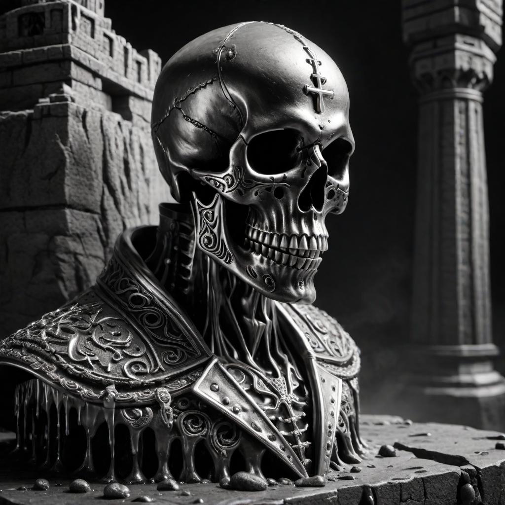  melting skull tower image. Black and white. Vector. Realistic hyperrealistic, full body, detailed clothing, highly detailed, cinematic lighting, stunningly beautiful, intricate, sharp focus, f/1. 8, 85mm, (centered image composition), (professionally color graded), ((bright soft diffused light)), volumetric fog, trending on instagram, trending on tumblr, HDR 4K, 8K