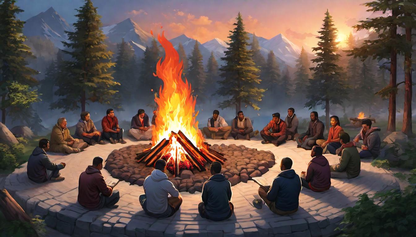  digital illustration, Community gathered around a bonfire, unity in diversity, potential for growth, communal bond, transformation, looking at viewer, dynamic pose, (intricate details, masterpiece, best quality)