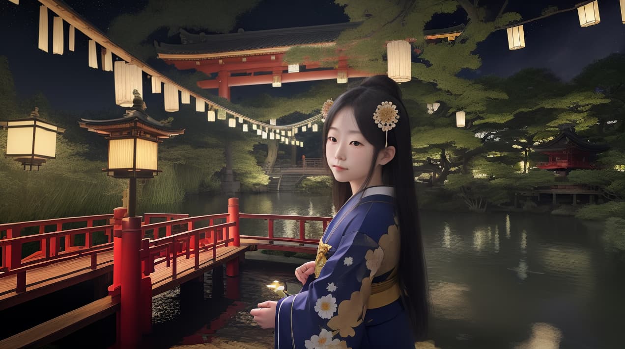  masterpiece, best quality, (Fidelity: 1.4), Best Quality, Masterpiece, Ultra High Resolution, 8k resolution, A night view inspired by Japanese art, featuring a garden illuminated by paper lanterns and a wooden bridge spanning a tranquil lake, by the lakeside, there is a small Zen temple. The water reflects the starry sky.