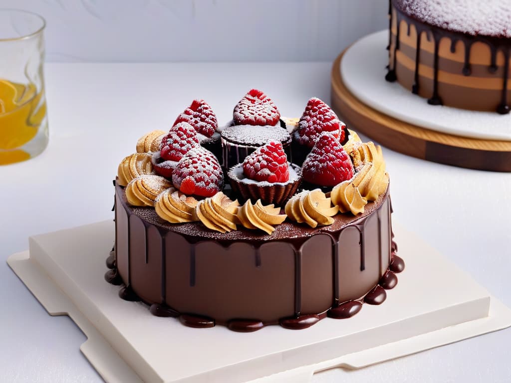  A closeup, photorealistic image of a decadent chocolate cake with layers of moist sponge, rich ganache, and glossy chocolate drizzle, adorned with fresh raspberries, delicate chocolate curls, and shimmering gold leaf. The cake sits on a sleek marble countertop, with soft natural light casting subtle shadows, highlighting every luscious detail and creating a mouthwatering, professionalgrade image that captures the essence of gourmet pastry photography. hyperrealistic, full body, detailed clothing, highly detailed, cinematic lighting, stunningly beautiful, intricate, sharp focus, f/1. 8, 85mm, (centered image composition), (professionally color graded), ((bright soft diffused light)), volumetric fog, trending on instagram, trending on tumblr, HDR 4K, 8K