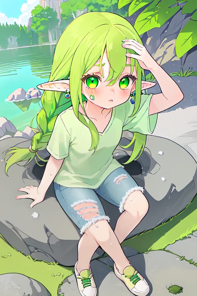  1girl,elf,Braid hair,green hair,earrings ,hot face,look up ,（holding a white towel）,（wipe your face with a towel ）,polo shirt ladies,jeans ladies,sneaker,sit on a rock,lake shore ,midday sunshine,