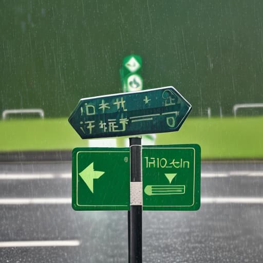  A picture of a southbound signpost against a rainy background is generated, a close-up of a southbound signpost is generated