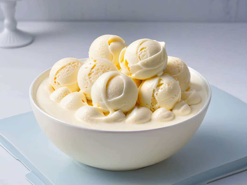  A highresolution closeup image of a perfectly scooped scoop of creamy vanilla ice cream with fresh vanilla bean specks, resting elegantly on a sleek, modern white porcelain dessert bowl. The ice cream is glistening under soft, natural light, showcasing its smooth texture and inviting swirls. The background is a subtle gradient of pastel hues, emphasizing the simplicity and sophistication of the presentation. hyperrealistic, full body, detailed clothing, highly detailed, cinematic lighting, stunningly beautiful, intricate, sharp focus, f/1. 8, 85mm, (centered image composition), (professionally color graded), ((bright soft diffused light)), volumetric fog, trending on instagram, trending on tumblr, HDR 4K, 8K