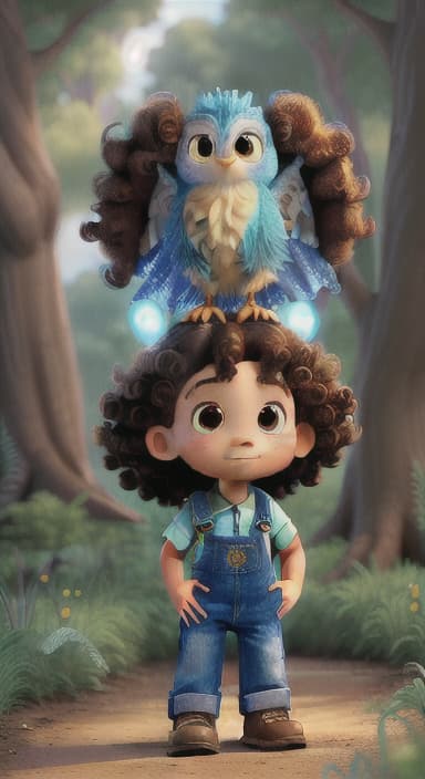  {The tree shining brightly and releasing a gentle, magical light., Riley, a curious with big brown eyes and curly hair, wearing overalls and carrying a small backpack. Their friend, Skye, a bluebird with shiny feathers.