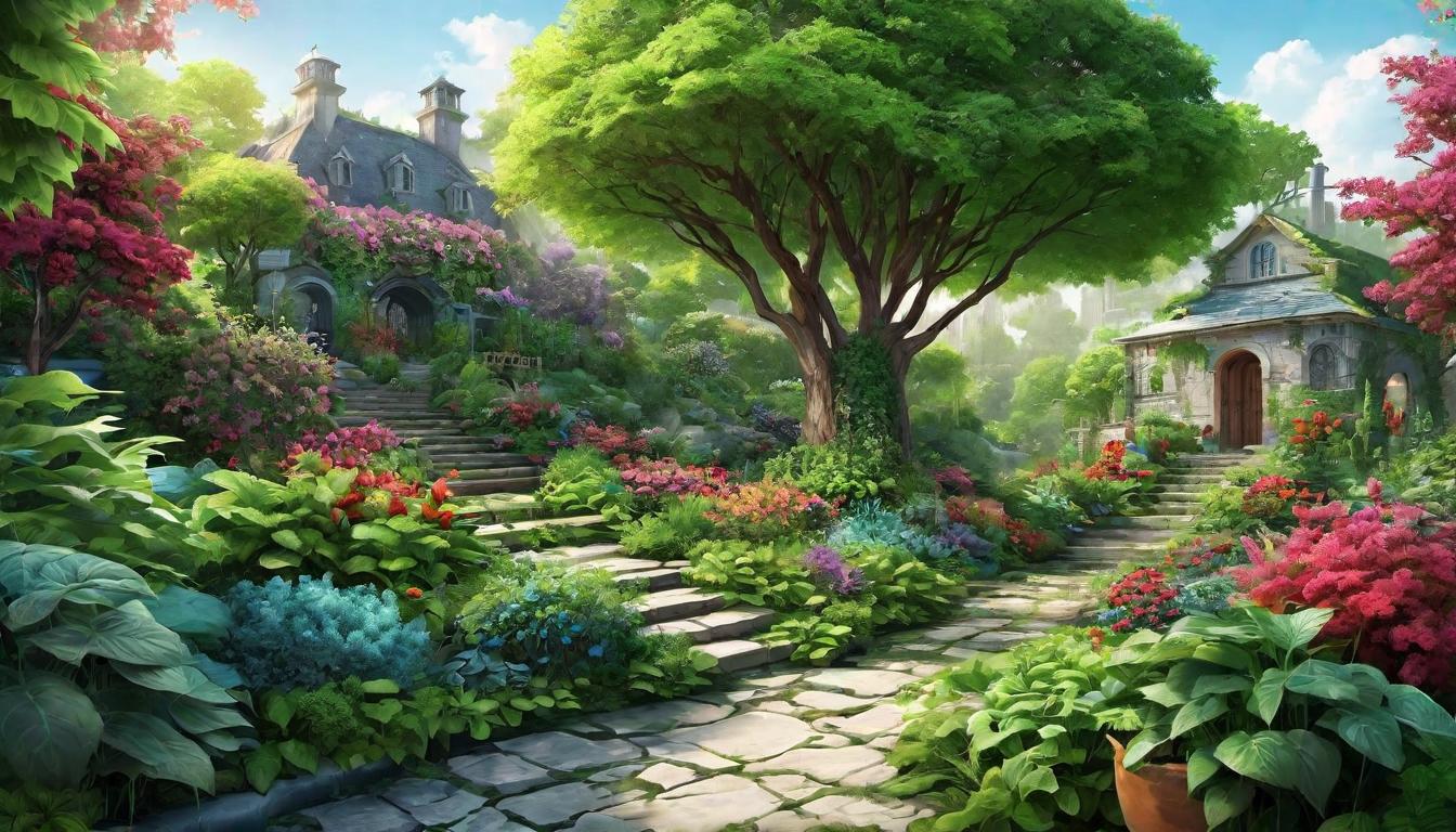  digital illustration A garden thriving in the midst of urban decay, symbolizing healthier, more harmonious lives through healing, rejuvenating, hopeful looking at viewer, dynamic pose, (intricate details, masterpiece, best quality)