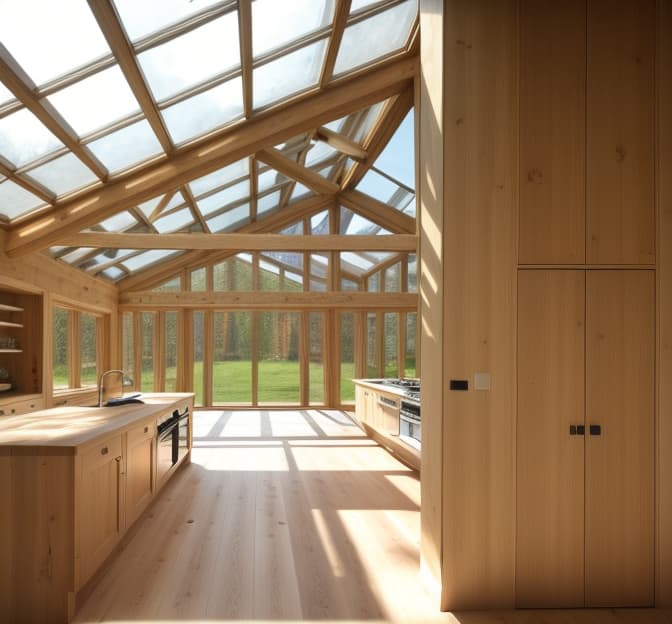  Raw photo, home interior view, daylight, sunlight from windows, large glass openings, timber framing, kitchen counter