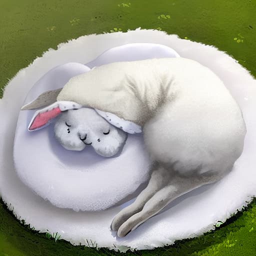  Draw a greyish white breed Dodge Woolly Rabbit sleeping on a round white woolly blanket