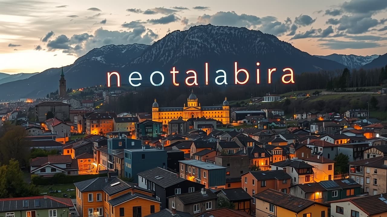  good quality, high quality, an aerial view of neotabira’s suburbs at dusk, with the sky turning dark purple. flickering lights from small markets barely brighten the decaying homes, while the skyline of the city’s medieval center glows faintly. a distant basque mountains bears a large banner with glowing letters reading "neotabira." neon signs of "euskalcorp" and "neurobank" dominate the skyline, casting cold blue and red lights over the sprawling suburbs.