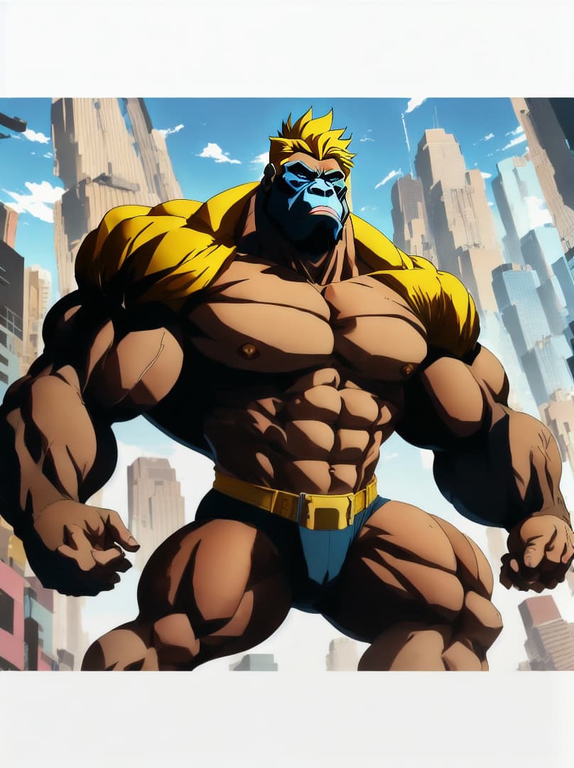  , anime-style illustration of a gorilla with extreme muscular development, in a dynamic pose that captures a 'roid rage'.<lora:chad97qi:0.07655424501345531><lora:yellow-family:0.25172963598036135><lora:octoghibli:0.8723620831649697><lora:ae-t-pagepal:0.23817375049702716> hyperrealistic, full body, detailed clothing, highly detailed, cinematic lighting, stunningly beautiful, intricate, sharp focus, f/1. 8, 85mm, (centered image composition), (professionally color graded), ((bright soft diffused light)), volumetric fog, trending on instagram, trending on tumblr, HDR 4K, 8K