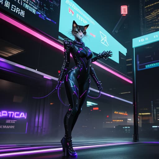  masterpiece, best quality, a scene featuring a bionic cat navigating a neon-lit cityscape, blending seamlessly with the cyber-enhanced environments , hyperrealistic, full body, detailed clothing, highly detailed, cinematic lighting, stunningly beautiful, intricate, sharp focus, f/1. 8, 85mm, (centered image composition), (professionally color graded), ((bright soft diffused light)), volumetric fog, trending on instagram, trending on tumblr, HDR 4K, 8K