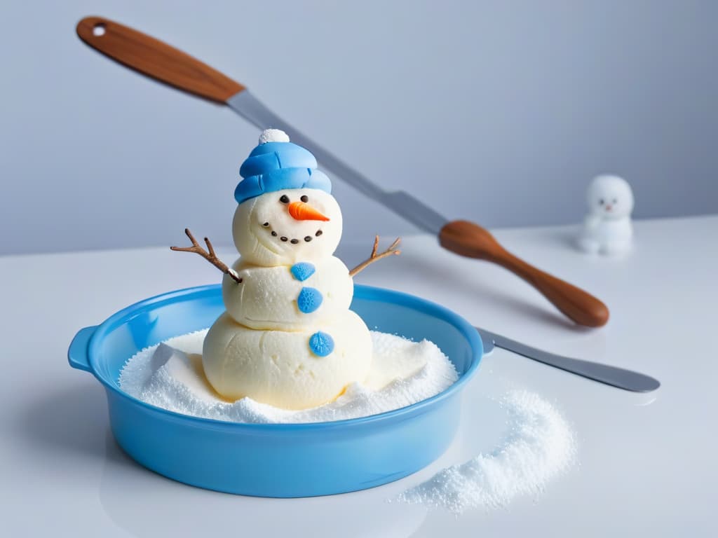  An image of a sleek, minimalist white kitchen countertop adorned with a collection of Frozenthemed kitchen accessories for baking. The shot focuses on a set of snowflakeshaped cookie cutters, a snowmanshaped spatula, and a crystalclear mixing bowl with a subtle frost pattern. The accessories are elegantly arranged, creating a visually appealing and inspiring scene for Frozenloving baking enthusiasts. hyperrealistic, full body, detailed clothing, highly detailed, cinematic lighting, stunningly beautiful, intricate, sharp focus, f/1. 8, 85mm, (centered image composition), (professionally color graded), ((bright soft diffused light)), volumetric fog, trending on instagram, trending on tumblr, HDR 4K, 8K