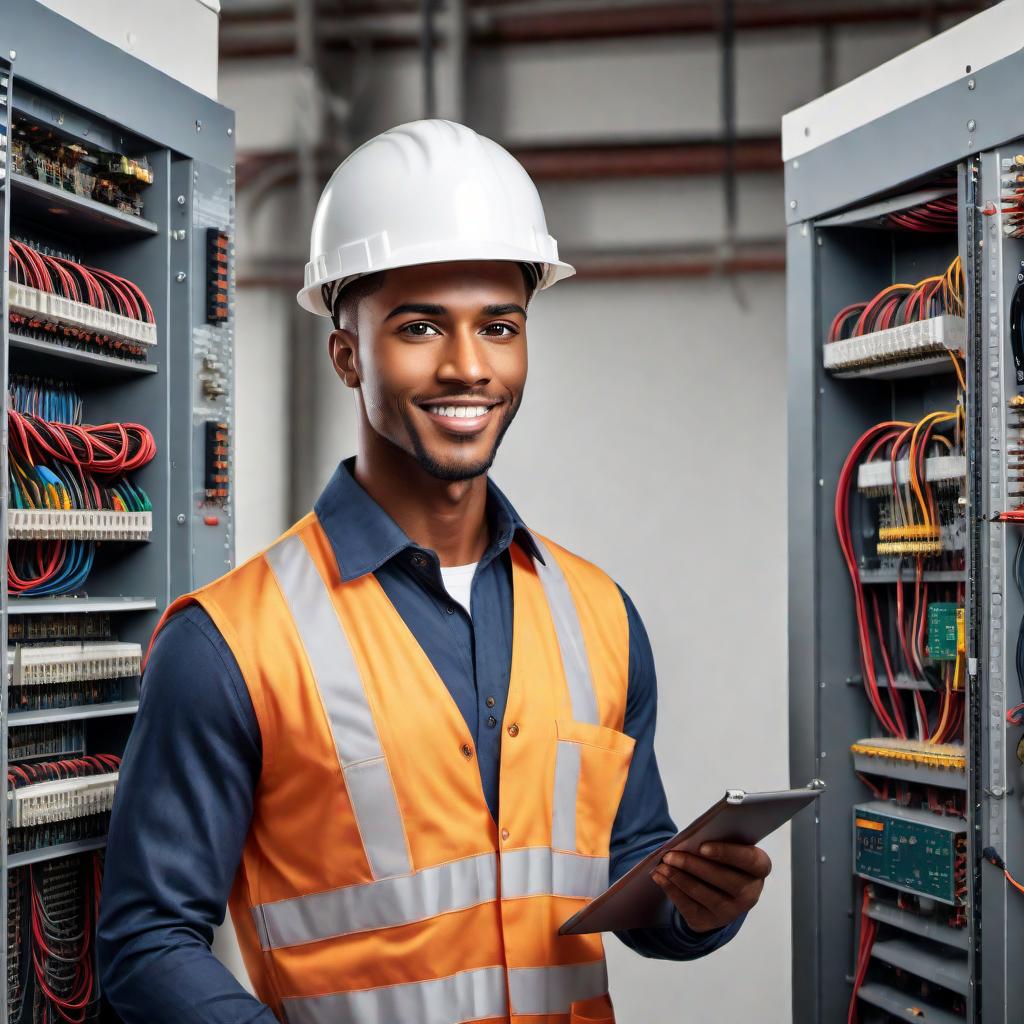  A realistic cartoon image of a 10 boy of African American descent, portraying an expert electrician engineer. He should have features reflecting his heritage, such as medium to dark brown skin, dark eyes, and locks hairstyle. He is wearing work attire and equipment as a uniform, including a hard hat and a tool belt. The background should feature elements of his work, such as electrical panels, wires, or tools. The image should focus and his attire, maintaining a realistic cartoon drawing style. The boy should be actively working on electrical engineering tasks. hyperrealistic, full body, detailed clothing, highly detailed, cinematic lighting, stunningly beautiful, intricate, sharp focus, f/1. 8, 85mm, (centered image composition), (professionally color graded), ((bright soft diffused light)), volumetric fog, trending on instagram, trending on tumblr, HDR 4K, 8K