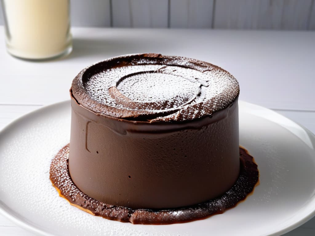  A closeup, ultradetailed image of a perfectly risen chocolate soufflé in a white, minimalistic ramekin. The rich, chocolatey texture is evident, with a glossy sheen on the surface and delicate air bubbles throughout. The soufflé is dusted with a light sprinkling of powdered sugar, enhancing its elegant presentation. The background is blurred to keep the focus solely on the exquisite dessert, highlighting its culinary artistry and inviting texture. hyperrealistic, full body, detailed clothing, highly detailed, cinematic lighting, stunningly beautiful, intricate, sharp focus, f/1. 8, 85mm, (centered image composition), (professionally color graded), ((bright soft diffused light)), volumetric fog, trending on instagram, trending on tumblr, HDR 4K, 8K