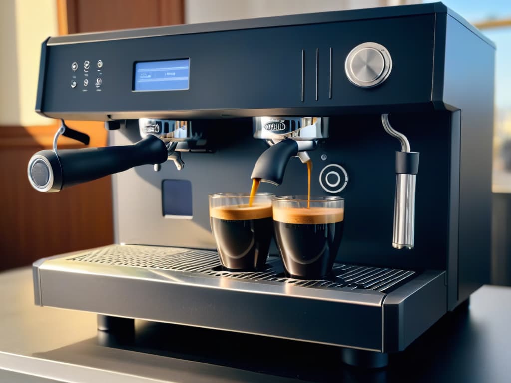  A closeup, ultradetailed image of a sleek, modern, highend espresso machine in a matte black finish, capturing the intricate steam wand, polished control panel with glowing buttons, and the subtle reflection of a perfectly brewed espresso shot in the shiny surface. hyperrealistic, full body, detailed clothing, highly detailed, cinematic lighting, stunningly beautiful, intricate, sharp focus, f/1. 8, 85mm, (centered image composition), (professionally color graded), ((bright soft diffused light)), volumetric fog, trending on instagram, trending on tumblr, HDR 4K, 8K