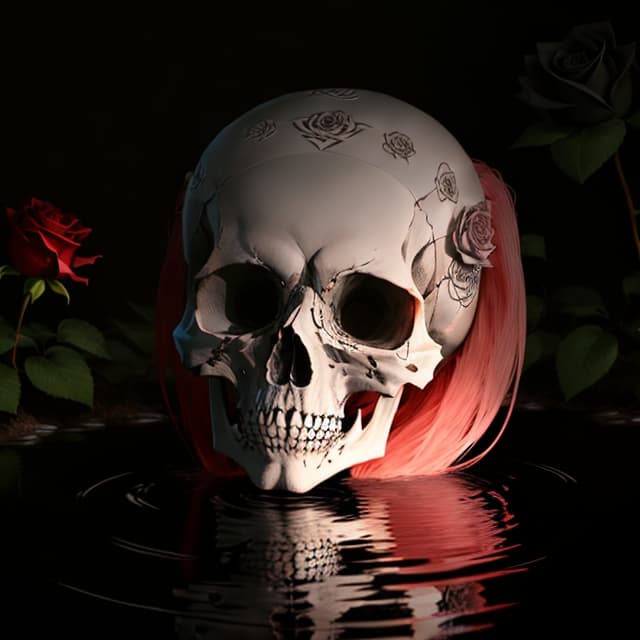  use this face and turn it half human and half skull with rose designs on the bone part. behind a full moon with the reflection of the stars in the pond.