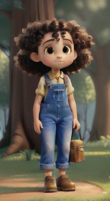  {The tree shining brightly and releasing a gentle, magical light., Riley, a curious with big brown eyes and curly hair, wearing overalls and carrying a small backpack. Their friend, Skye, a bluebird with shiny feathers.