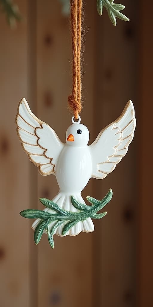  good quality, high quality, a hand painted ceramic ornament of a dove with an olive branch, symbolizing peace, hanging against a wooden backdrop. no people.