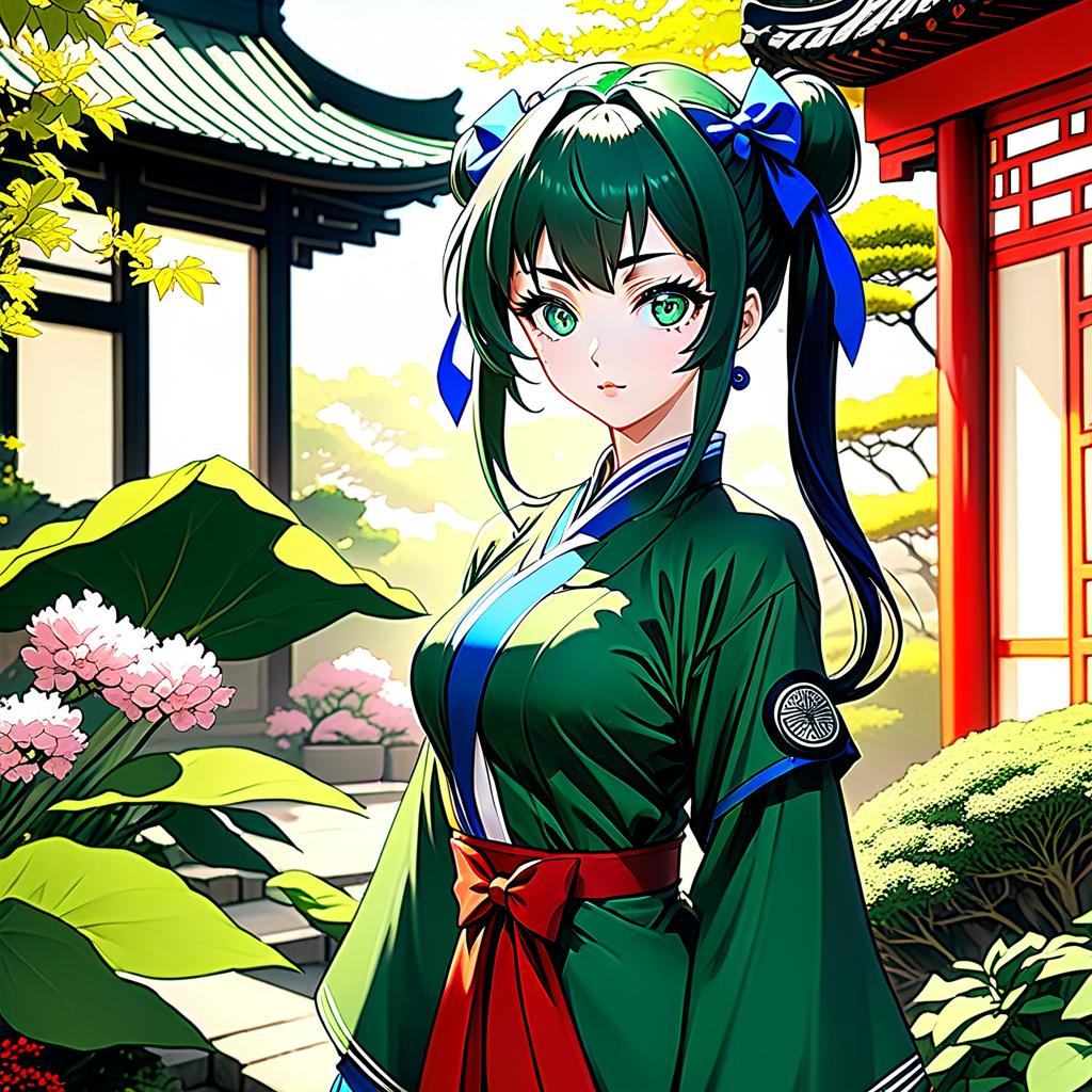  manga style A , Chinese garden, a with big blue eyes, dark green hair with two ids and one pigtail tied with a blue bow, a green Chinese , a red , a white collar, anime style, gathering medicinal herbs, love. . vint, high energy, detailed, iconic, Japanese comic style hyperrealistic, full body, detailed clothing, highly detailed, cinematic lighting, stunningly beautiful, intricate, sharp focus, f/1. 8, 85mm, (centered image composition), (professionally color graded), ((bright soft diffused light)), volumetric fog, trending on instagram, trending on tumblr, HDR 4K, 8K