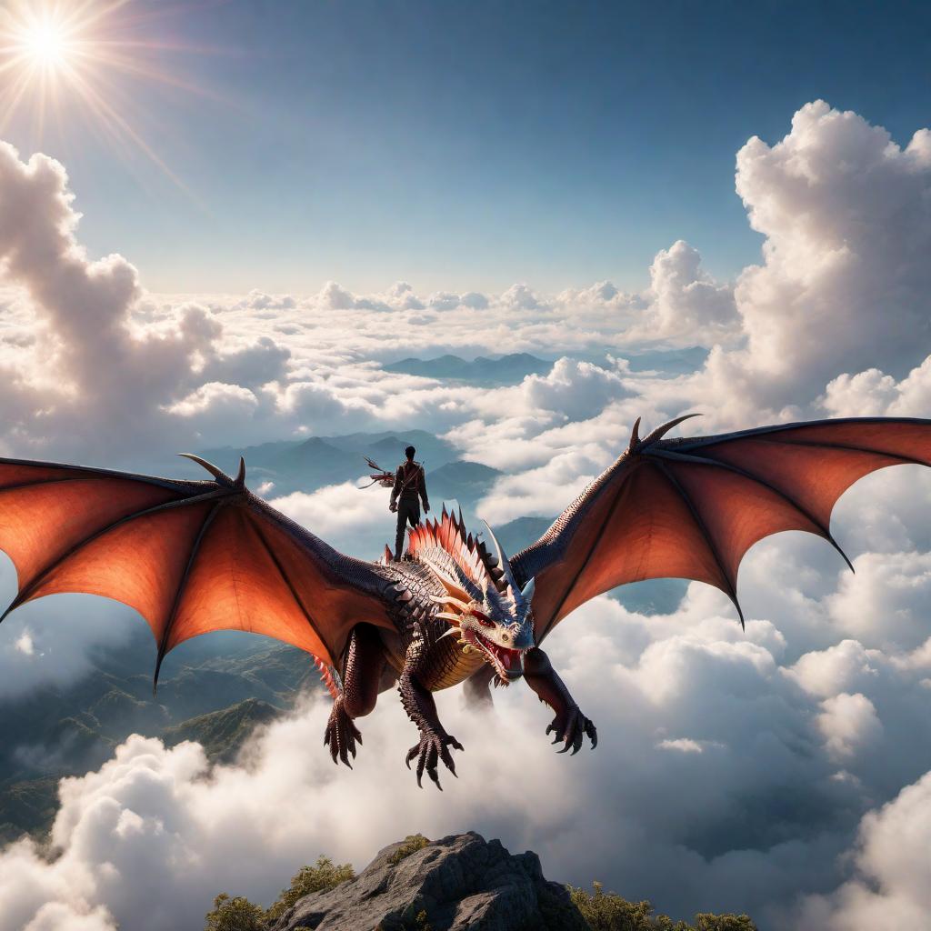  A human with dragon wings flying through the sky. The human should have an adventurous expression, and the dragon wings should look powerful and mythical, with intricate scales. The background should show a vibrant sky with clouds and perhaps a hint of a distant landscape below. hyperrealistic, full body, detailed clothing, highly detailed, cinematic lighting, stunningly beautiful, intricate, sharp focus, f/1. 8, 85mm, (centered image composition), (professionally color graded), ((bright soft diffused light)), volumetric fog, trending on instagram, trending on tumblr, HDR 4K, 8K