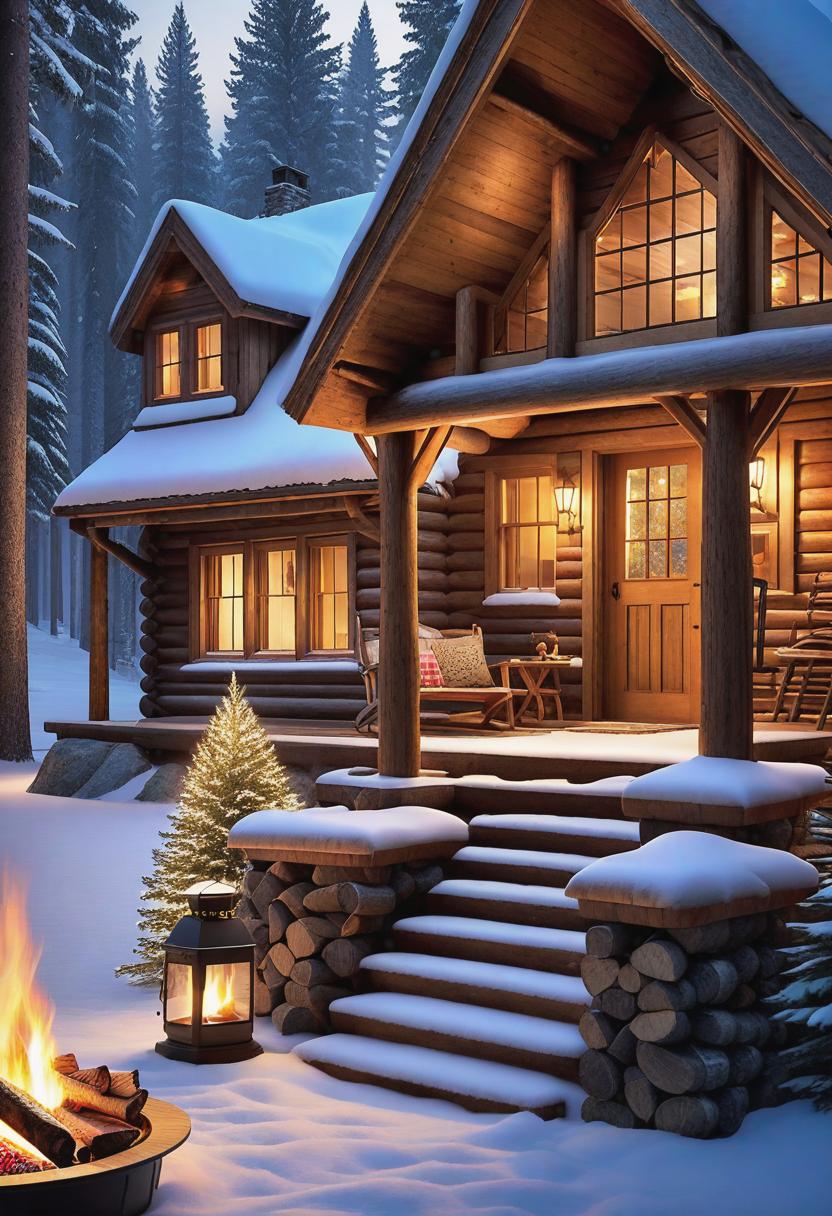  A cozy cabin in the woods with a warm fireplace, surrounded by tall pine trees and a snow-covered landscape. Soft, golden lighting illuminates the room, casting a comforting glow on the rustic wooden furniture and the flickering flames of the fire. The crackling sound and faint smell of burning logs add to the tranquil atmosphere. The cabin is adorned with subtle holiday decorations, creating a festive and inviting ambiance. hyperrealistic, full body, detailed clothing, highly detailed, cinematic lighting, stunningly beautiful, intricate, sharp focus, f/1. 8, 85mm, (centered image composition), (professionally color graded), ((bright soft diffused light)), volumetric fog, trending on instagram, trending on tumblr, HDR 4K, 8K