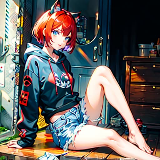  master piece , best quality,Girl Short hair Red hair Blue eyes Black hoodie Denim shorts Black cat ears