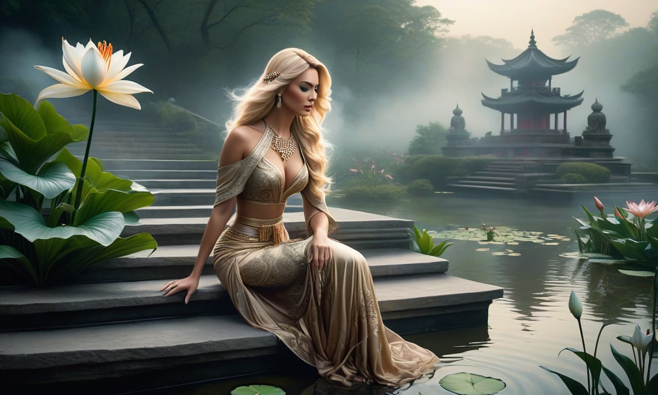  Portraying an artwork that feels like inventions and adventures, with a very detailed and deep depiction. A blonde woman with a beautiful back in ethnic clothes sits on steps leading to a pond with a lily. A misty smoke behind. Use only three colors and their shades. hyperrealistic, full body, detailed clothing, highly detailed, cinematic lighting, stunningly beautiful, intricate, sharp focus, f/1. 8, 85mm, (centered image composition), (professionally color graded), ((bright soft diffused light)), volumetric fog, trending on instagram, trending on tumblr, HDR 4K, 8K