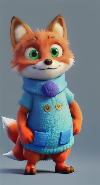  {Error the fox pressing the blue button with his paw, looking puzzled as nothing occurs., Error is a small, bright orange fox with a fluffy tail and big, inquisitive eyes. He has a mischievous yet kind expression and wears a tiny green scarf.