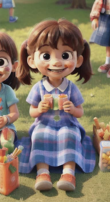  {Kids sitting around a picnic blanket, enjoying juice boxes and snacks., Children happily eating snacks, with crumbs on their faces and big smiles.