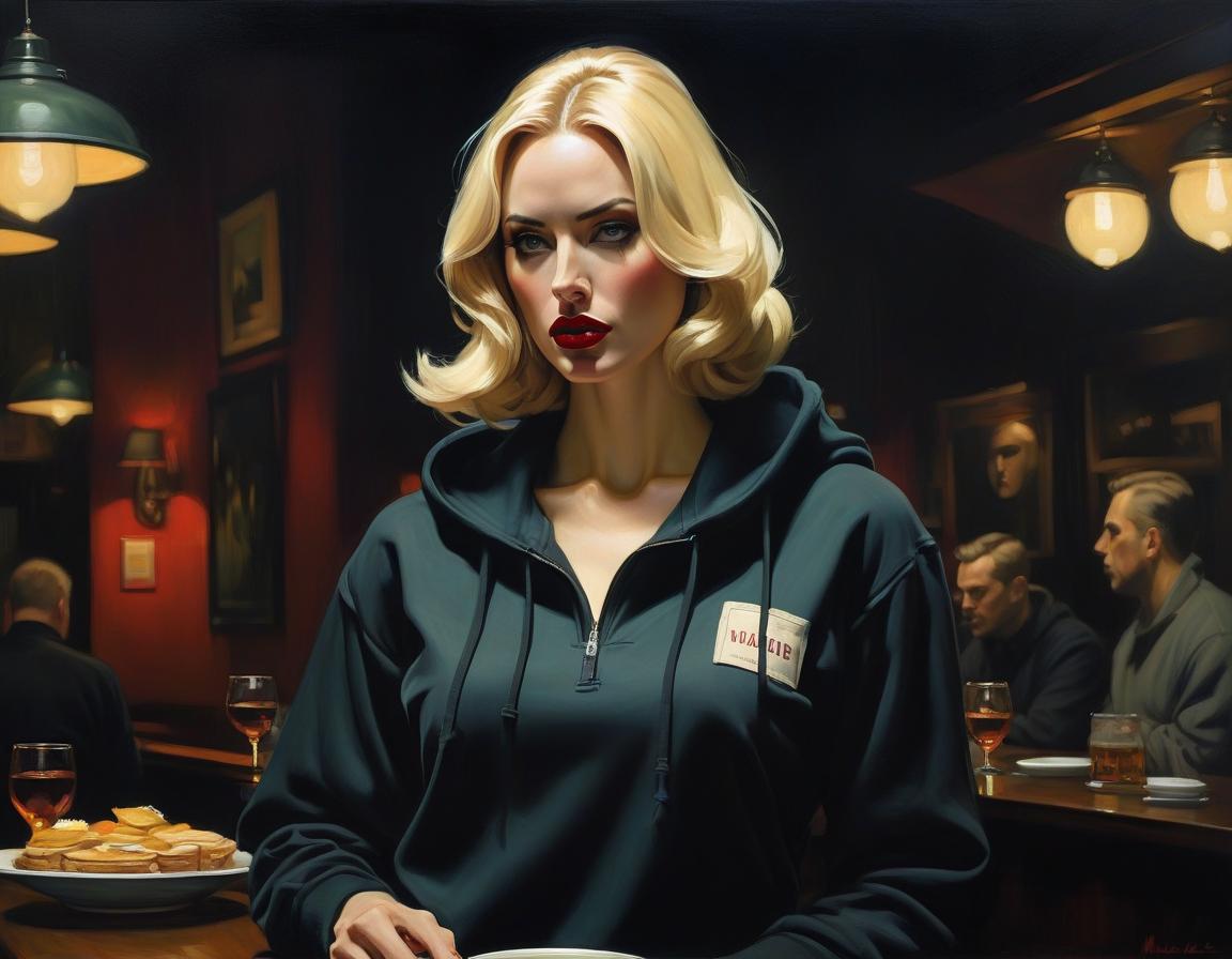  surrealist art blonde waitress. Oil painting by Malcolm Liepke. dark colors, cozy hoodie, intricate details, rich textures, masterful use of light and shadow, contemporary art . dreamlike, mysterious, provocative, symbolic, intricate, detailed hyperrealistic, full body, detailed clothing, highly detailed, cinematic lighting, stunningly beautiful, intricate, sharp focus, f/1. 8, 85mm, (centered image composition), (professionally color graded), ((bright soft diffused light)), volumetric fog, trending on instagram, trending on tumblr, HDR 4K, 8K