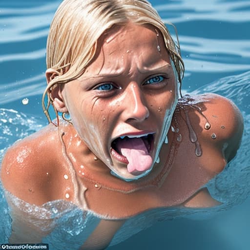  tanned blonde woman drowning and sinking in the water water is up to her nose, her body is not visible she's screaming and panic